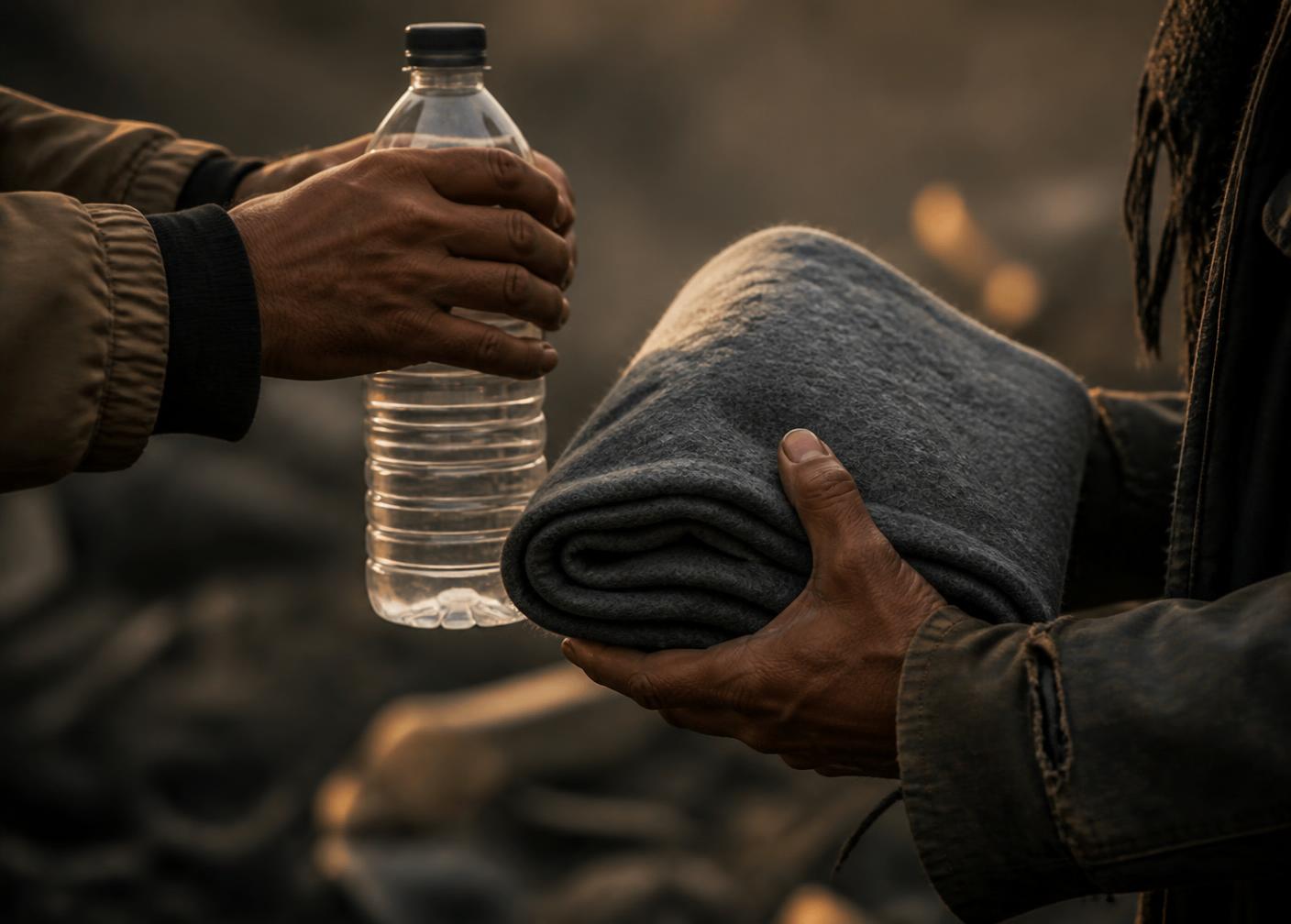 Hands passing a water bottle and a folded blanket to another person
