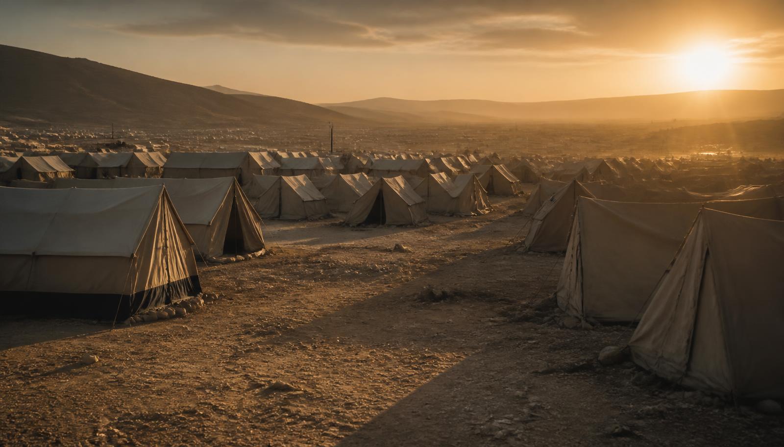 Rows of canvas tents in a displacement camp at first light