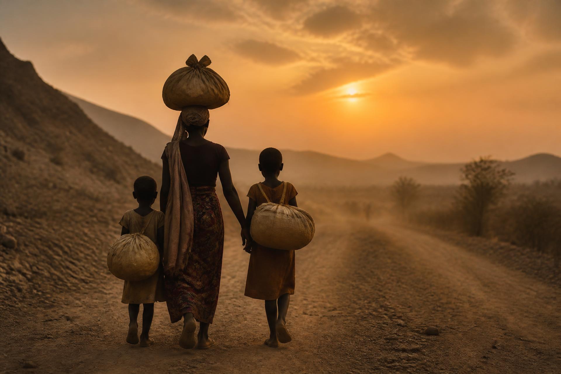 A mother and two children walking a dust road at sunset carrying everything they own